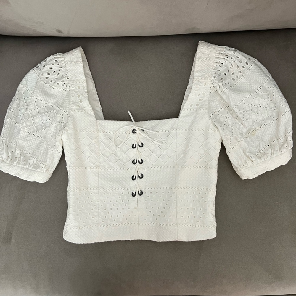 Alice + Olivia Puff-Sleeve Eyelet Corset Top